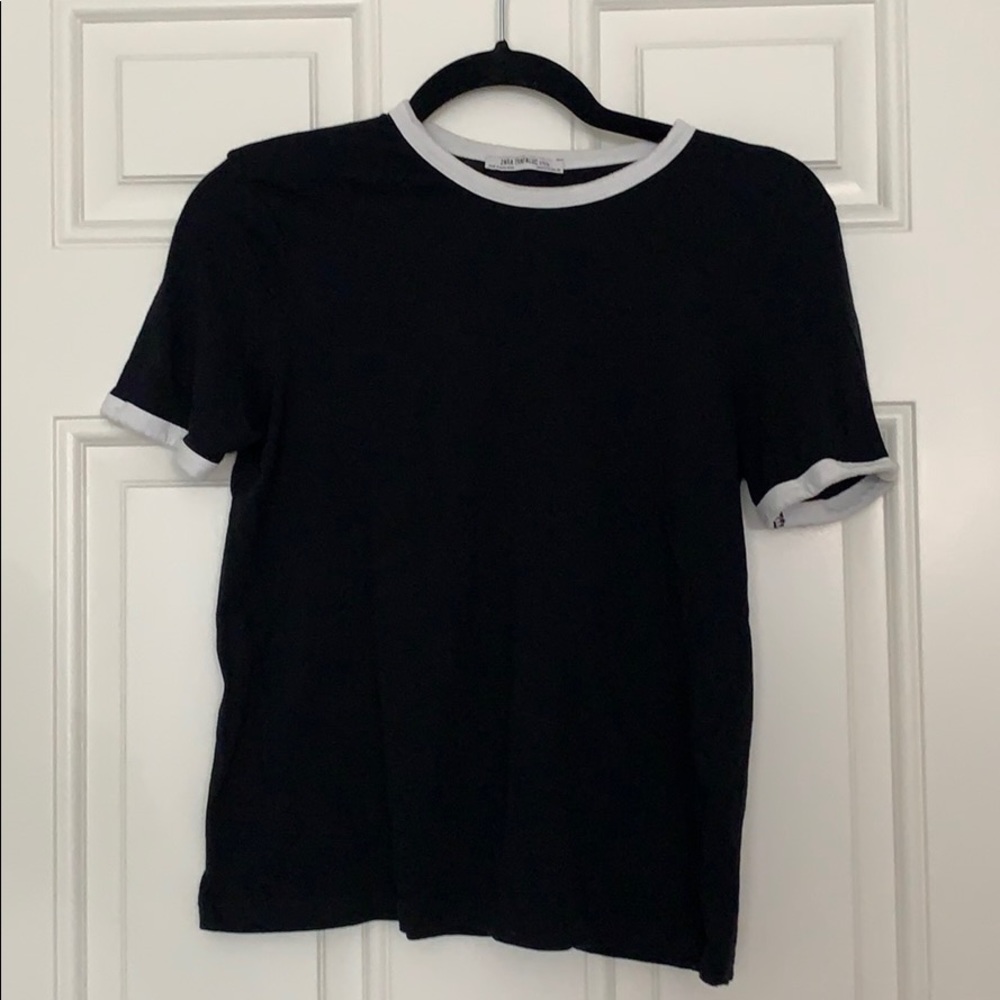 Zara Black T-shirt with White Collar & Sleeve Hem